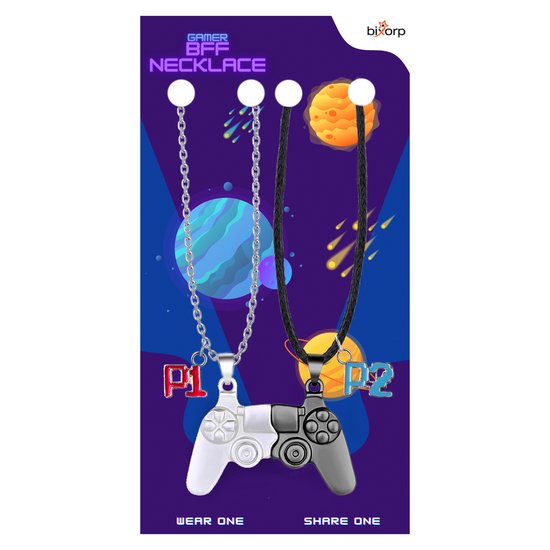 Bixorp Gamer BFF Ketting voor 2 met Magnetische Controller Hanger - Player 1 & Player 2 - Gaming Cadeau voor Beste Vrienden - Zilver/Zwart - 45cm