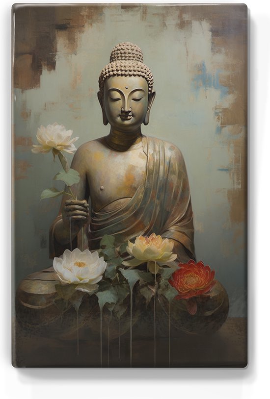 Boeddha met bloemen - Laqueprint - 19,5 x 30 cm - Niet van echt te onderscheiden handgelakt schilderijtje op hout - Mooier dan een print op canvas. - LP537