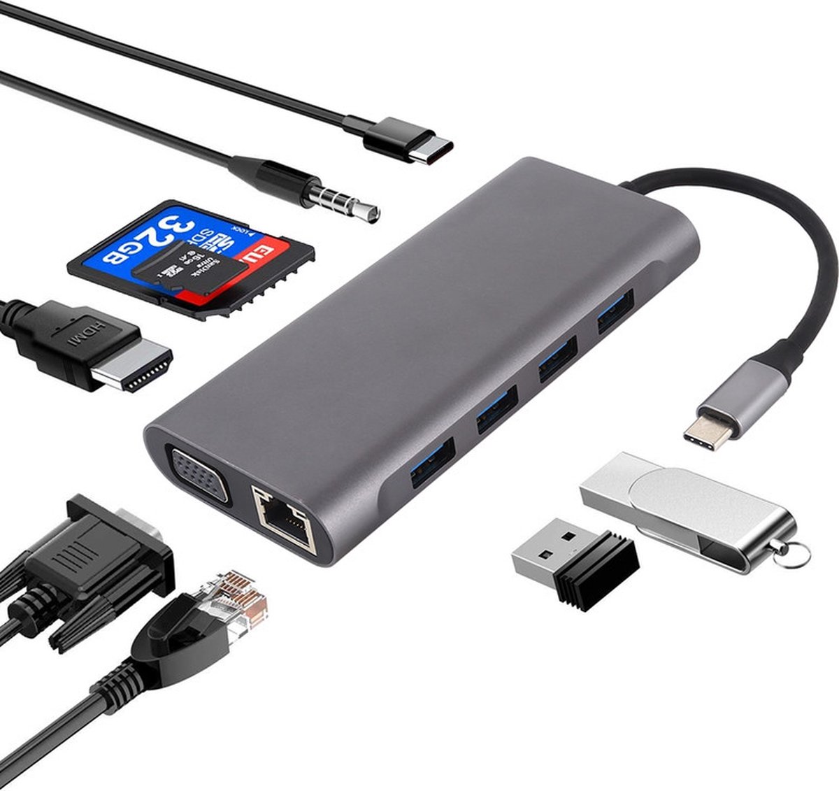 USB-C Hub - 11 IN 1 - USB 3.0 - VGA - 4K HDMI - AUX - Ethernet - Adapter dock splitter voor laptop - Grijs - Provium