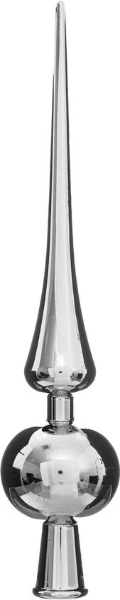 Zilverkleurige kerstboom piek van glas met een bolvormig middenstuk en een lange punt.