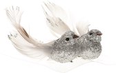 Cosy & Trendy 2x Kerstboomversiering glitter zilver vogeltje op clip 10 cm - Kerstboom decoratie vogeltjes