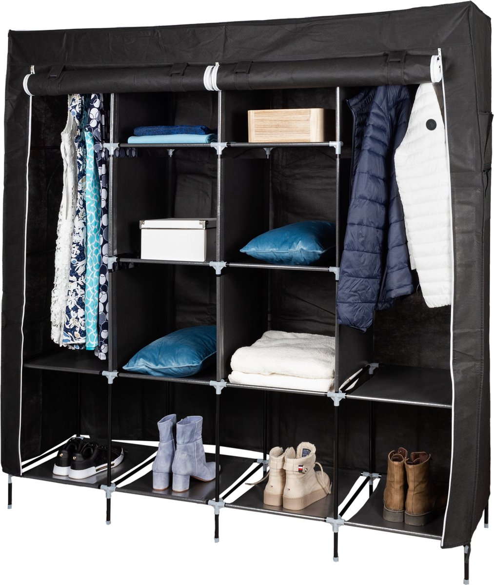 RELOVE Opvouwbare kledingkast, van stof, niet-geweven stof, afneembare kledingkast met ritssluiting, rek en stang, opvouwbare stof met ritssluiting (zwart, 172 x 105 x 43 cm