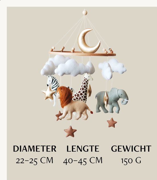 Mobile bébé en bois avec animaux, nuages, lune et étoiles. Diamètre 22-25 cm, longueur 40-45 cm, poids 150g.