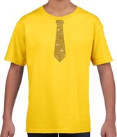 Geel fun t-shirt met stropdas in glitter goud kinderen - feest shirt voor kids 110/116