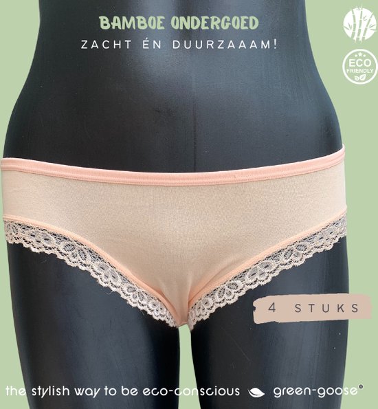 green-goose Bamboe Dames Slip | 4 Stuks | Perzik, M/L | Met Kanten Zijkant | Duurzaam, Ademend en Heerlijk Zacht