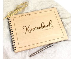 Kraambezoekboek - Baby - Gastenboek - Babyborrel - Baby invulboek - baby cadeau - Kraamboek hout A4 blanco pagina's liggend - Kado baby- Hey Baby