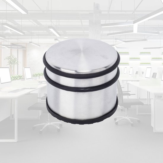 RVS deurstopper met twee zwarte rubberen ringen, op kantoorachtergrond.