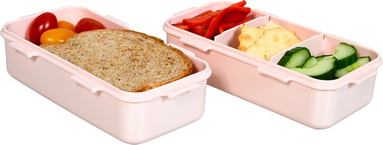 Lock&Lock Kleine Lunchbox - Bento Box - Snackdoosjes - Met Compartimenten | Vakjes - Volwassenen en Kinderen - To Go - Lekvrij - BPA vrij - Set van 2 stuks - 2x 470 ml - Roze