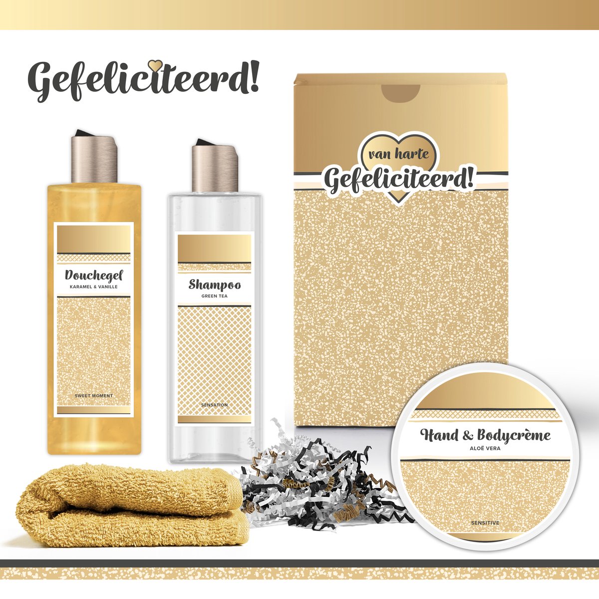 Goedkoopste Geschenkset “Van harte gefeliciteerd!” - 4 producten - 700 gram | Giftset voor haar - Luxe wellness cadeaubox - Cadeau vrouw - Set Verjaardag - Geschenk jarige - Cadeaupakket moeder - Oma - Vriendin - Zus - Verjaardagscadeau - Geslaagd - Goud