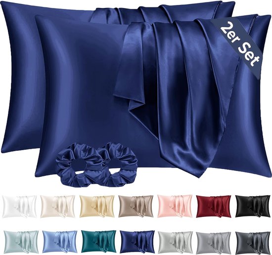 Set van 2 satijnen kussenslopen, 40 x 80 cm, donkerblauw, zacht, vergelijkbaar met zijden kussensloop, 40 x 80, Premiun hoofdkussensloop, 40 x 80 cm, kussenslopen voor haar en huid, met 2