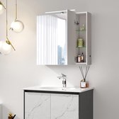 BERKATMARKT - Meuble de toilette avec éclairage LED et miroir, 90 x 72 x 15 cm, prise, interrupteur, 6 étagères en verre, réglable en hauteur, 3 portes, blanc, élément mural pour salle de bain