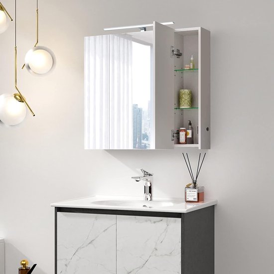 BERKATMARKT - Toiletkast met ledverlichting en spiegel, 90 x 72 x 15 cm, stopcontact, schakelaar, 6 glazen planken, in hoogte verstelbaar, 3 deuren, wit, wandmeubel voor badkamer