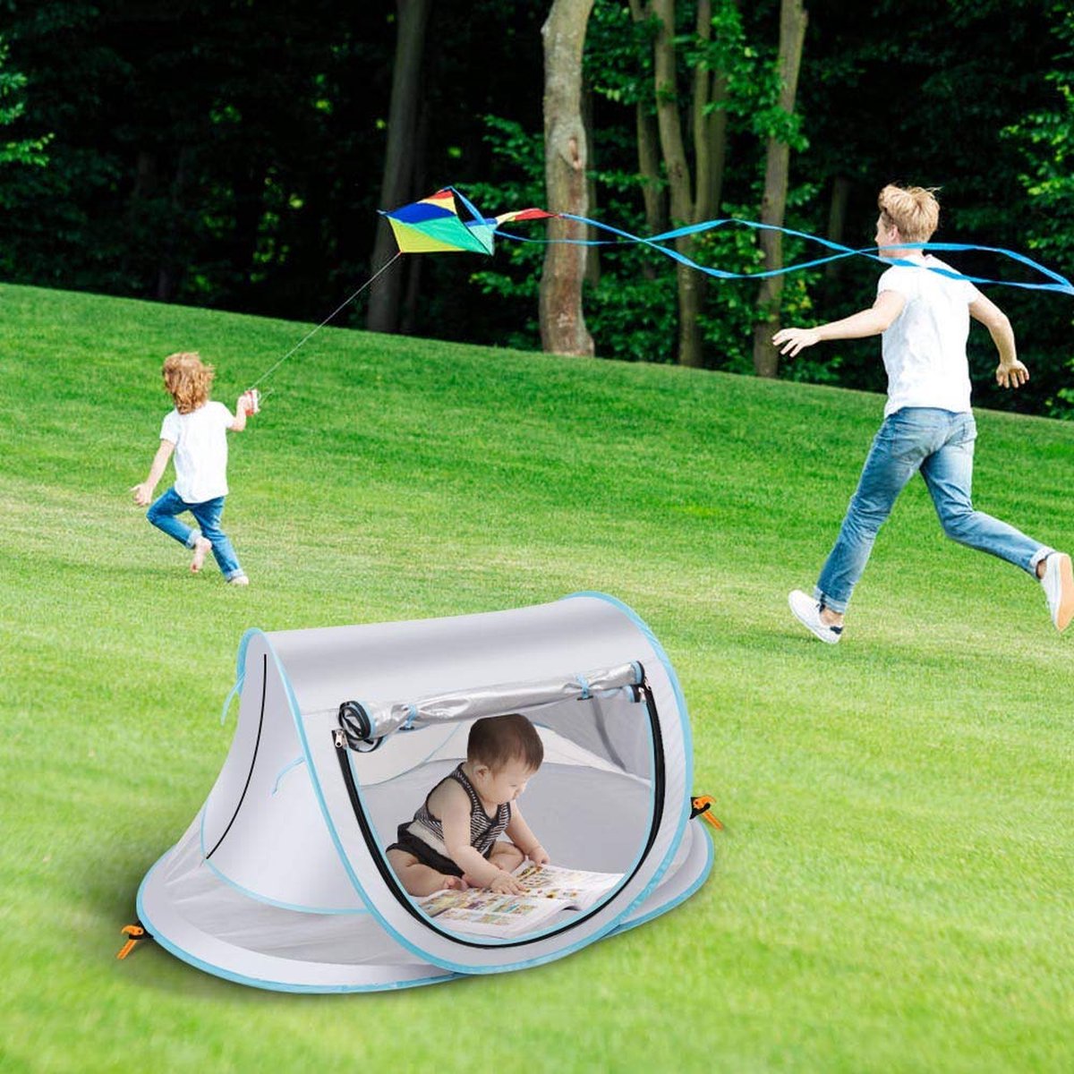 Fuegobird BabyBox Campingbedje - Baby Tentje - UV-beschermingsniveau UV50+ - Blokkeer Muggen - Opvouwbare opslag - Versterking van grondspijkers - Zilver Grijs/Blauw – foto 8