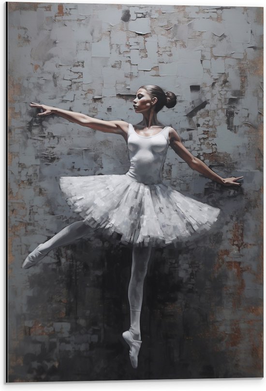 Dibond - Muurschildering van Witte Dansende Ballerina - 40x60 cm Foto op Aluminium (Wanddecoratie van metaal)