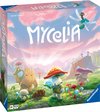 De voorkant van de Mycelia bordspeldoos toont een kleurrijk fantasielandschap met paddenstoelenfiguren, bergen en een libel.