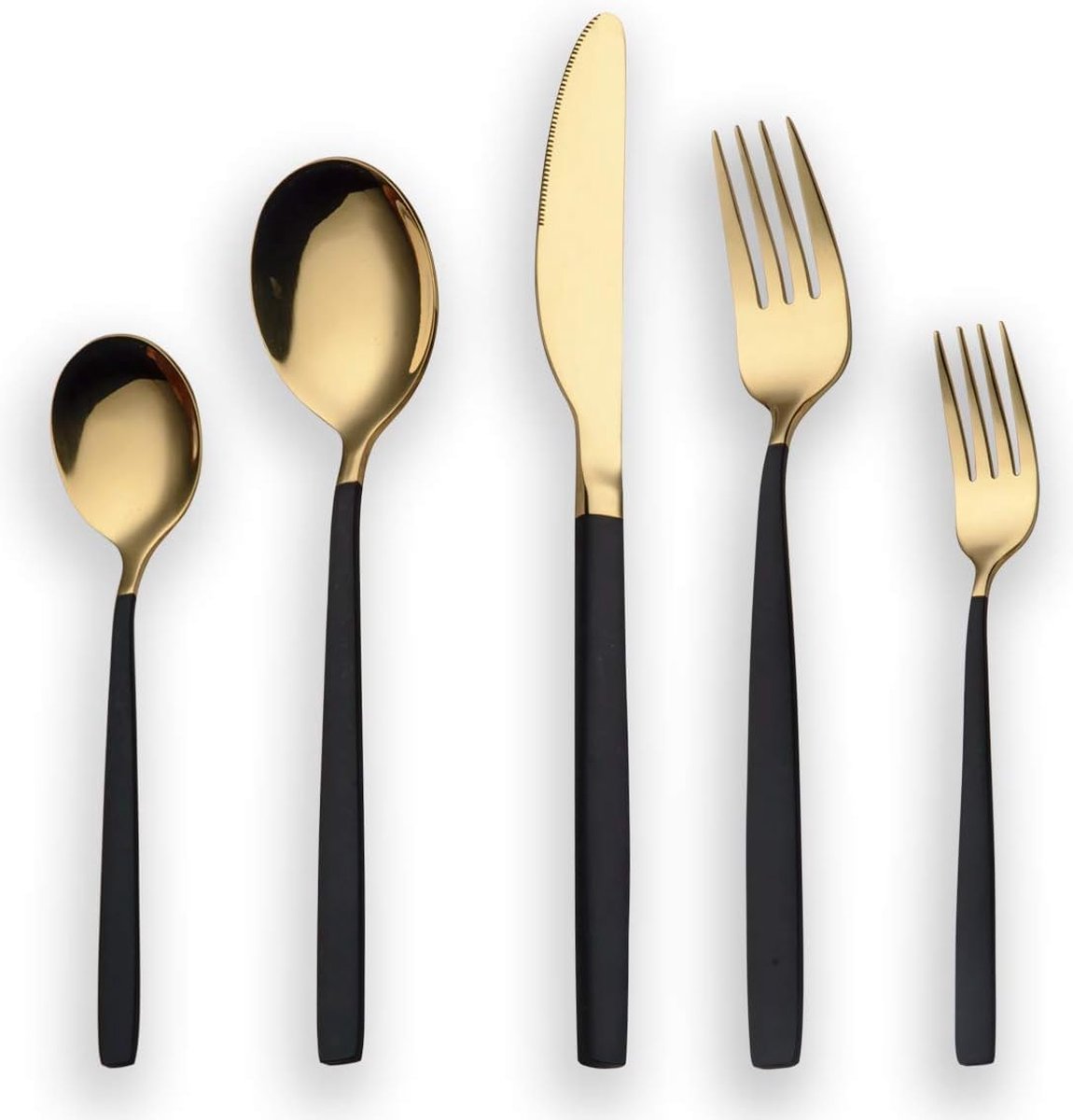 30-delige zwarte titanium bestekset, zwart handvat met gouden mondbestekset, zwarte en gouden bestekset, 6-persoons service (zwart, goud)