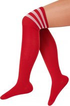 Paar Lange sokken rood met witte strepen - maat 36-41 - Lieskousen - kniekousen overknee kousen sportsokken cheerleader carnaval voetbal hockey unisex festival