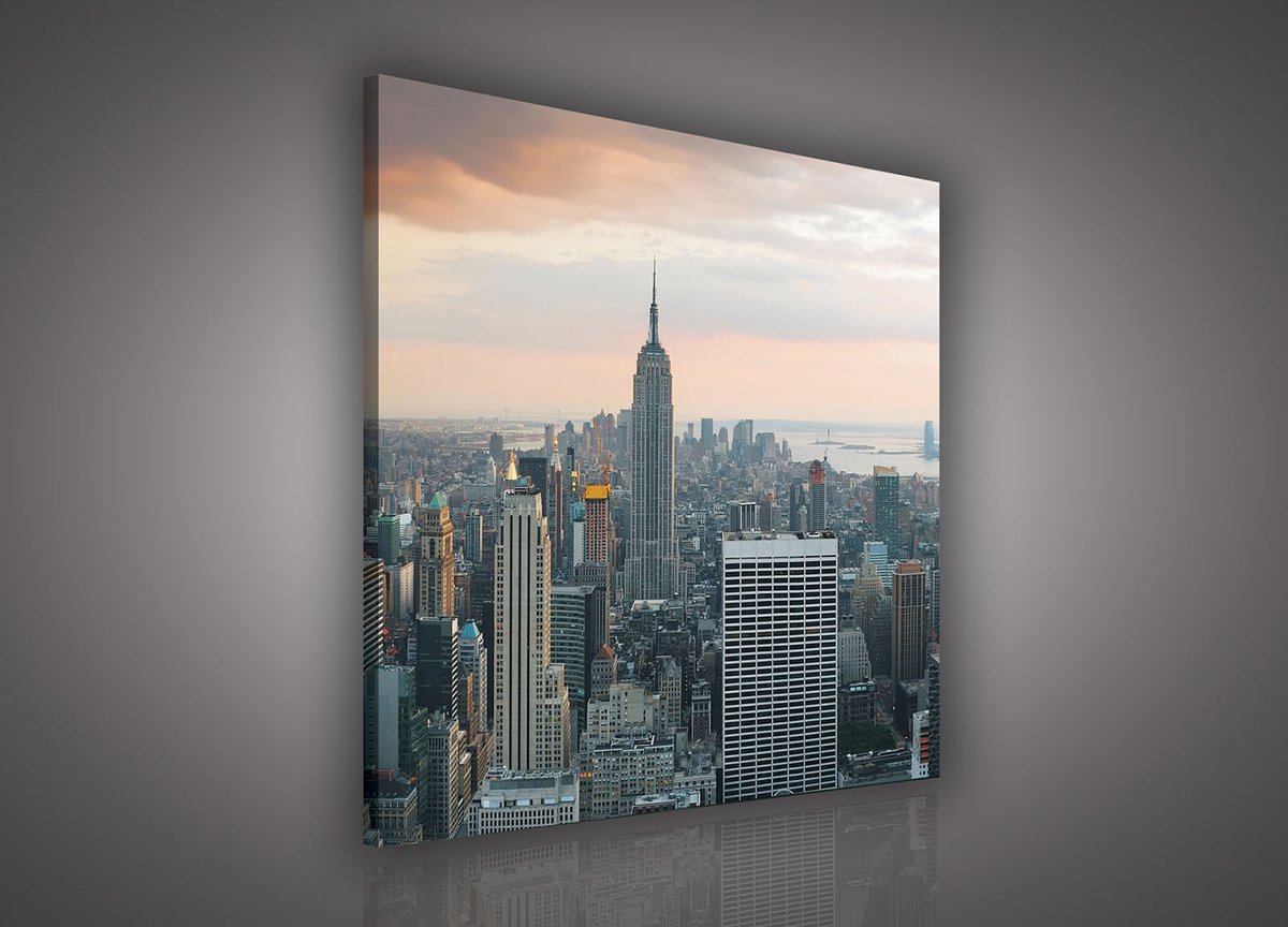 Canvas Schilderij - New York - Stad - Lichten - Skyline - Toren - Blauw - Gebouw - Schilderij Woonkamer - Schilderijen op canvas - Inclusief Frame - 80x80cm (LxB)