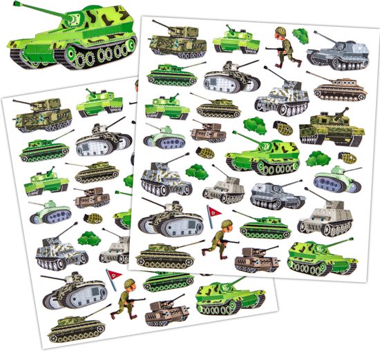 Leger Tank Stickers - 2 Stickervellen Legervoertuigen en Soldaatjes met Zilverfolie Accenten - Leger Voertuigen - Leger Tanks - Oorlog - Oorlog Voertuigen - Jongens Stickervellen - Stickers voor Jongens - Oorlog Stickers - Beloningsstickers Jongens