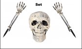 Schedel doodshoofd met beweegbare kaak en 2x Skelet arm op spies - Griezel Halloween thema feest spooktocht creepy party scary