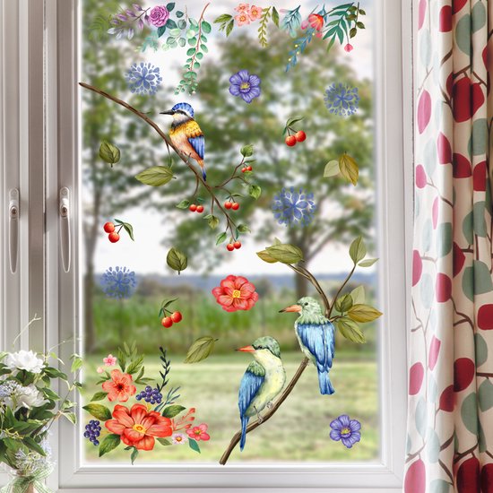 Stickerkamer® | Raamsticker | Vogels op tak met bloemen en kersen| Dubbelzijdig bedrukt | Tuin | Poster | Raamdecoratie | Woonkamer | Huis inrichting | Stickers | Zelfklevend