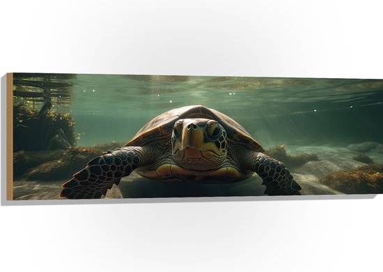 Hout - Oog in Oog met Zeeschildpad - 120x40 cm - 9 mm dik - Foto op Hout (Met Ophangsysteem)