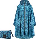 Blauwe regenponcho met bloemenprint, capuchon, ritssluiting en een bijpassende opbergzak.