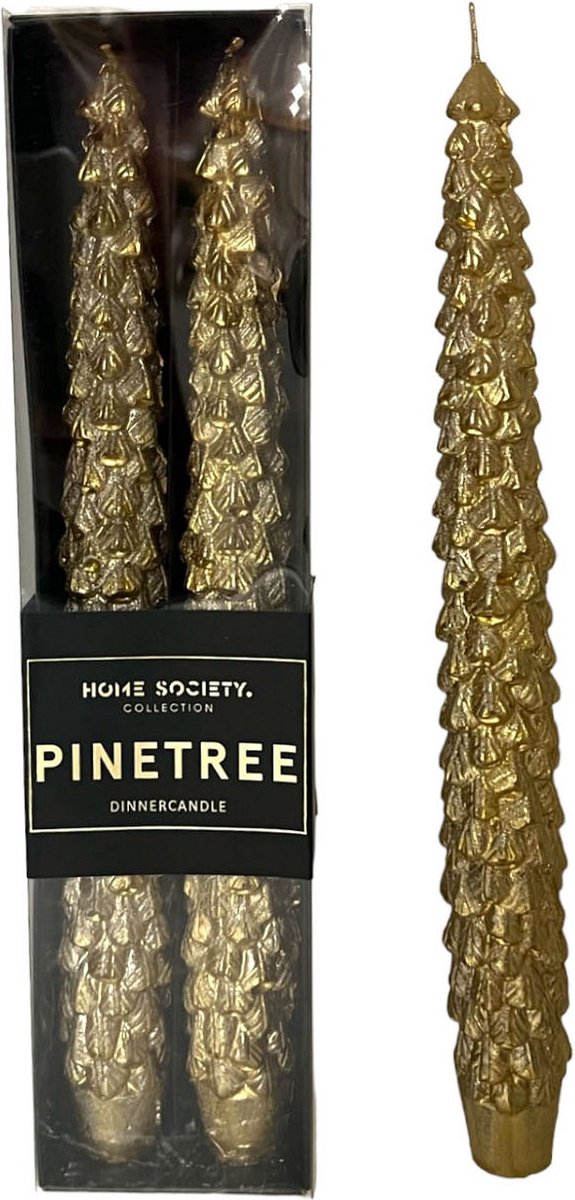 Home Society Pinetree Dinerkaars Goud – 25 cm – Set van 2 – Kerstkaars – Tafeldecoratie