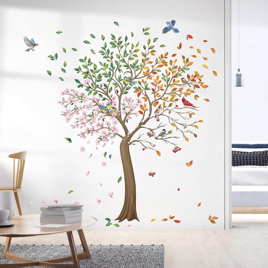 Grand arbre coloré autocollants muraux arbre avec des oiseaux de fleurs  autocollants