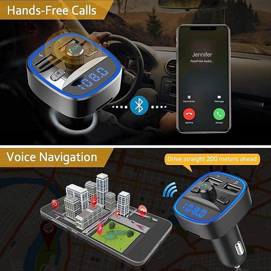 Transmetteur FM Bluetooth pour voiture, [anneau lumineux Blauw ] kit mains  libres pour