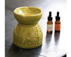 Aromabrander voor geurolie of wax smelt.Mooie aromatherapie-oliebrander in groen keramiek met' Boom van het leven' 10x11cm
