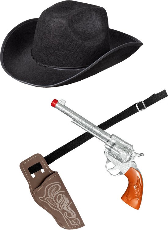 Verkleed set cowboyhoed Rodeo zwart - met holster en pistool - voor volwassenen