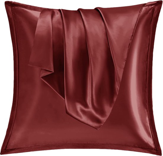 Satijnen kussensloop, 60 x 60 cm, zacht vergelijkbaar met zijden kussensloop, premium kussensloop, set van 2 kussenslopen, rood, voor haar en huid, eco-certificaat met ritssluiting