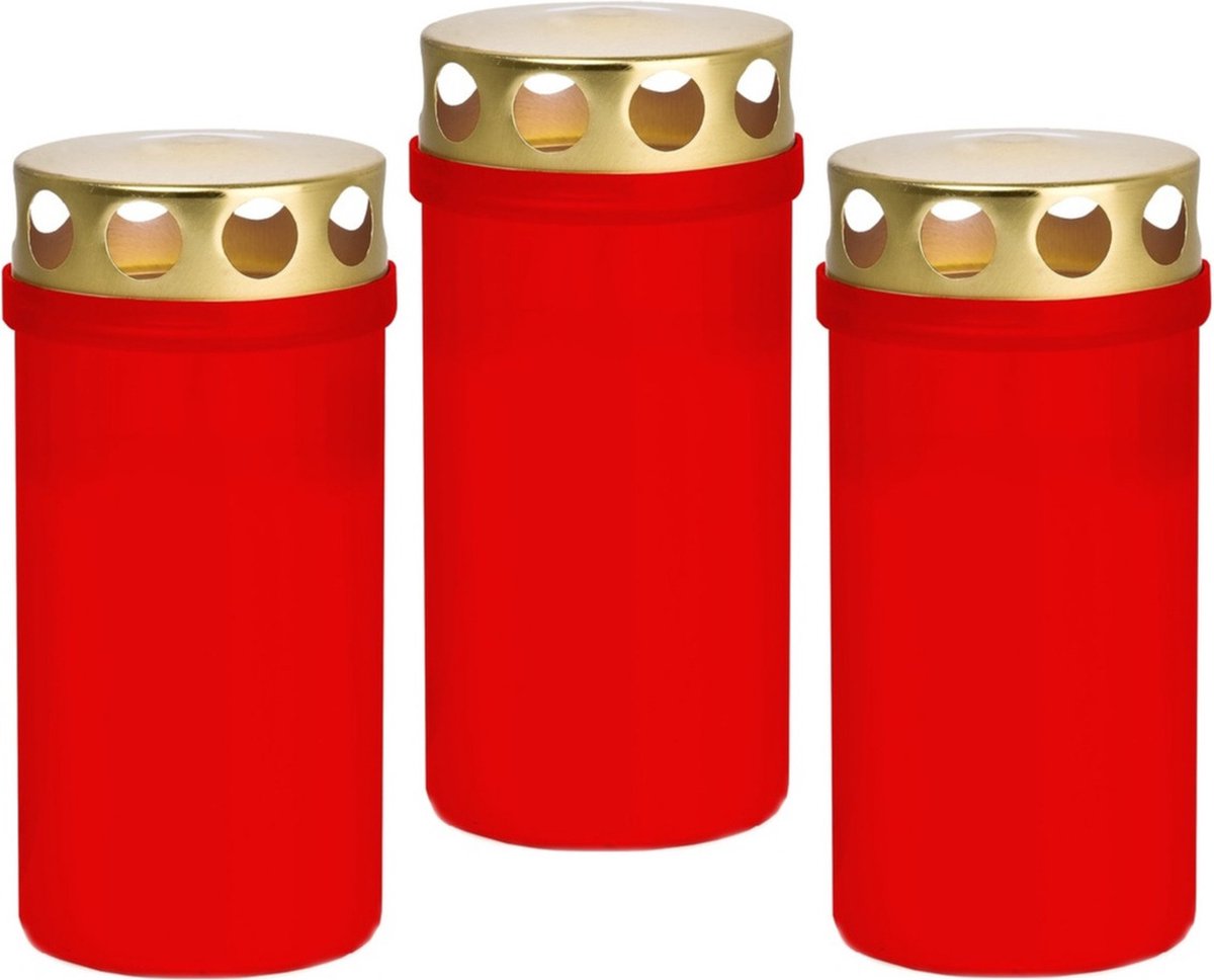 Trend Candles grafkaars/gedenklicht - 3x - rood - kunststof - met deksel - 6 x 12,6 cm - 2 dagen