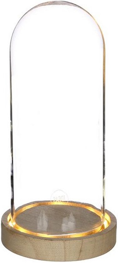 Ideas 4 Seasons Decoratie stolp - glas - houten plateau - LED verlichting - D10 x H20,5 cm