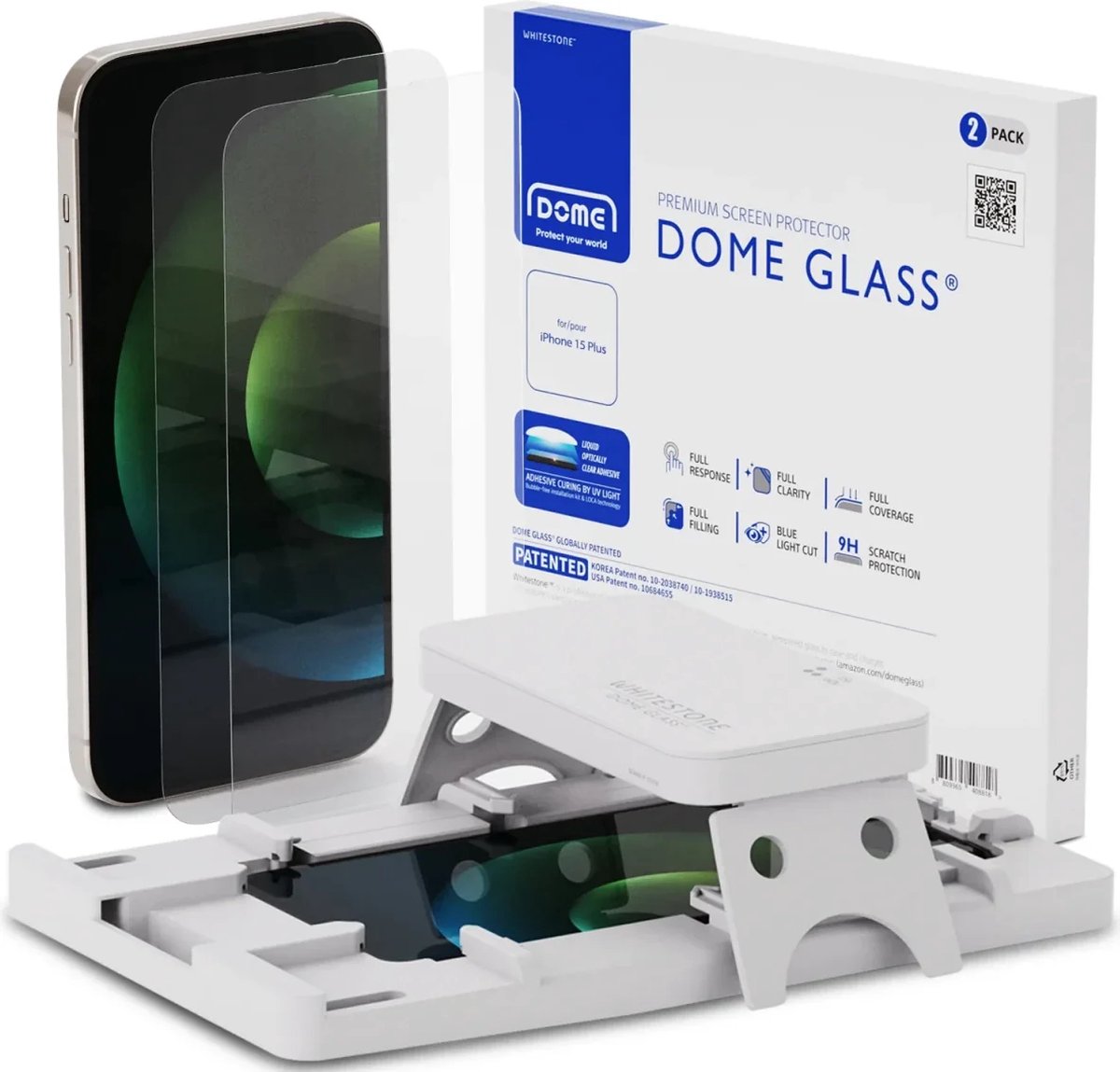 Whitestone Dome Glass Geschikt voor Apple iPhone 15 Plus / 16 plus - Tempered Glass Screen Protector - Full Cover - UV-Licht en Jig - Duo Pack
