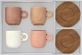 Koffiekopjes - set van 4- porselein - 11cl - 4 schotels acaciahout - geschenkdoos