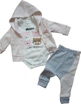 Baby Meisjes 3 pce Kledingset - Maat 56 - babykleertje - babykleding - roze/grijs - stripen - be happy ...and smile ... Meaw - kat