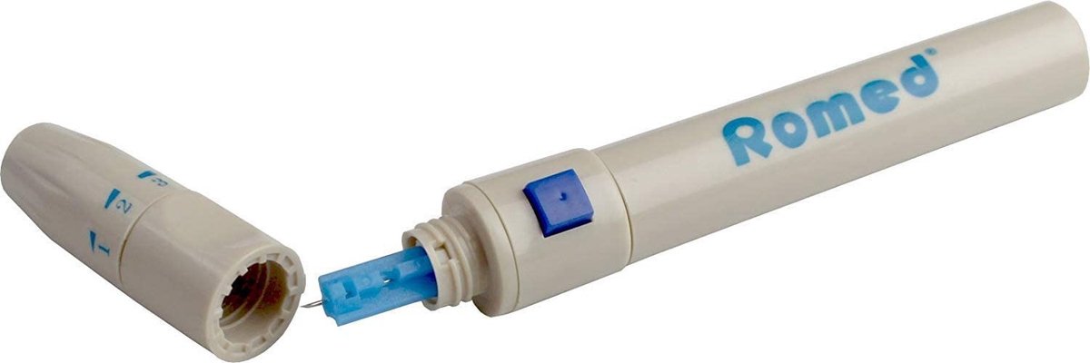 Goedkoopste Romed pen voor bloedlancetten / prikpen Romed - Wit / blauw - 5 verschillende standen voor diepte penetratie