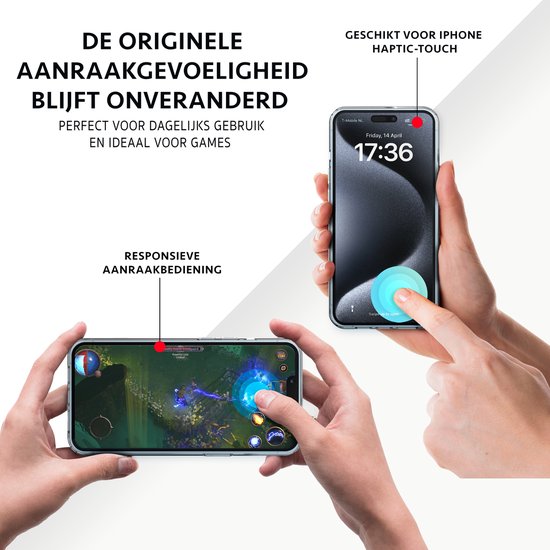 Een hand houdt een iPhone vast, een andere hand tikt op het scherm, links een spel op een telefoon. "Geschikt voor iPhone Haptic-Touch" en "Responsieve aanraakbediening".