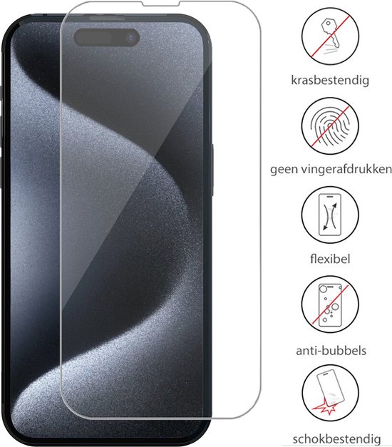 Een iPhone scherm met een transparante screenprotector ernaast. Iconen tonen "krasbestendig", "geen vingerafdrukken", "flexibel", "anti-bubbel" en "schokbestendig".