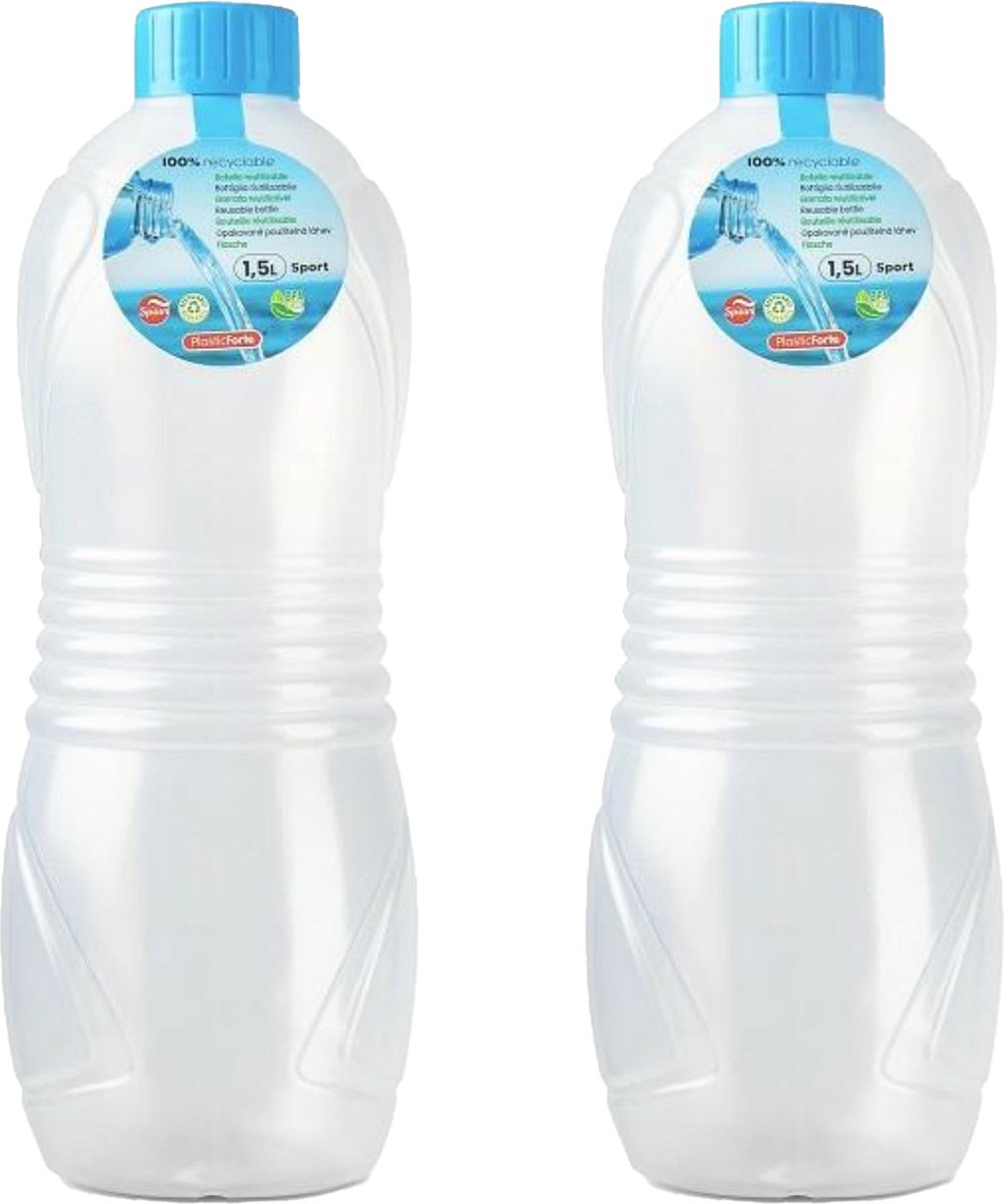 Plasticforte Drinkfles/waterfles/bidon - 2x stuks - 1500 ml - transparant/blauw - kunststof
