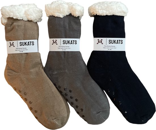 Chaussettes d'intérieur Sukats® - Chaussettes de maison - 3 paires - Taille 41-46 - Antidérapantes - Moelleuses - Chaussettes d'intérieur pour hommes - Variant 7