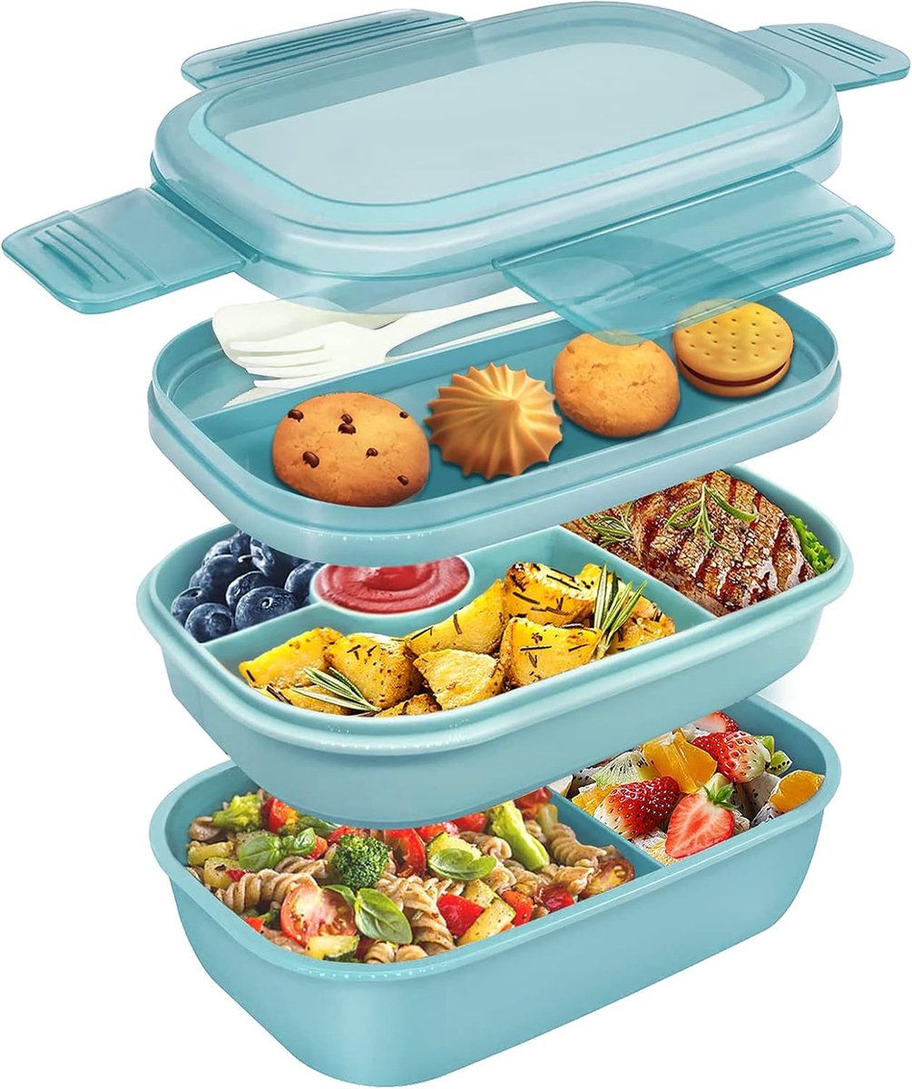Lunchbox set 3 laags - Blauw - 1900 ml - Stapelbare broodtrommel met vakken - Voor volwassenen of kinderen - Bento box