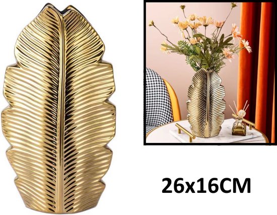 Levabe - Keramische Gouden Vaas - Bloemstuk - Vazen - Woonaccessoires - Kuster Style - Gouden bloemen - decoratie - Woonkamer - 25x16 CM