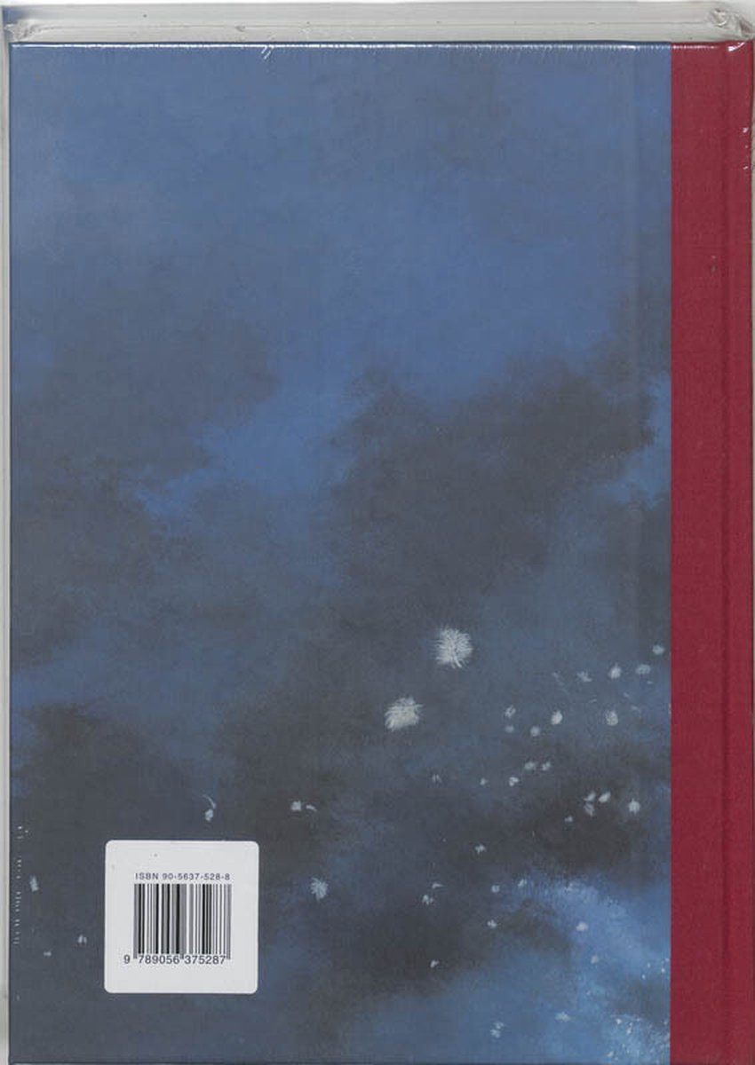 Boekomslag met blauwe en donkergrijze achtergrond, rode rug en ISBN-sticker.