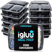 Lot de 10] Récipients de préparation de repas à 3 compartiments d'Igluu ​​​​- Boîte à nourriture / Boîte à déjeuner - Passe au micro-ondes, au lave-vaisselle et réutilisable - Fermeture hermétique du couvercle, sans BPA