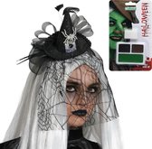 Verkleed setje heks - Mini heksenhoed op diadeem en schmink setje - Carnaval/Halloween thema