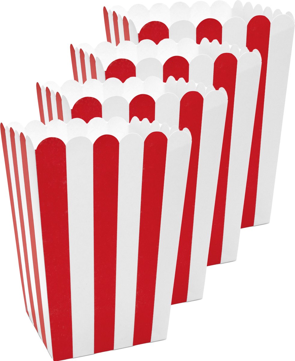 Partydeco Popcorn/snoep bakjes - 24x - rood gestreept - 7 x 7 x 12 cm - feest uitdeel bakjes