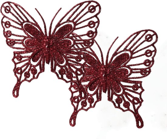 Decoris decoratie vlinders op clip - 2x - donkerrood - 13 cm